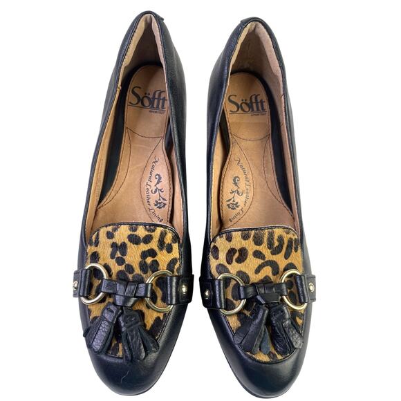 Sofft Womens Black Leopard Leather Pumps 3" Heel Tassles Gold Accents Size 6.5 - Picture 3 of 11